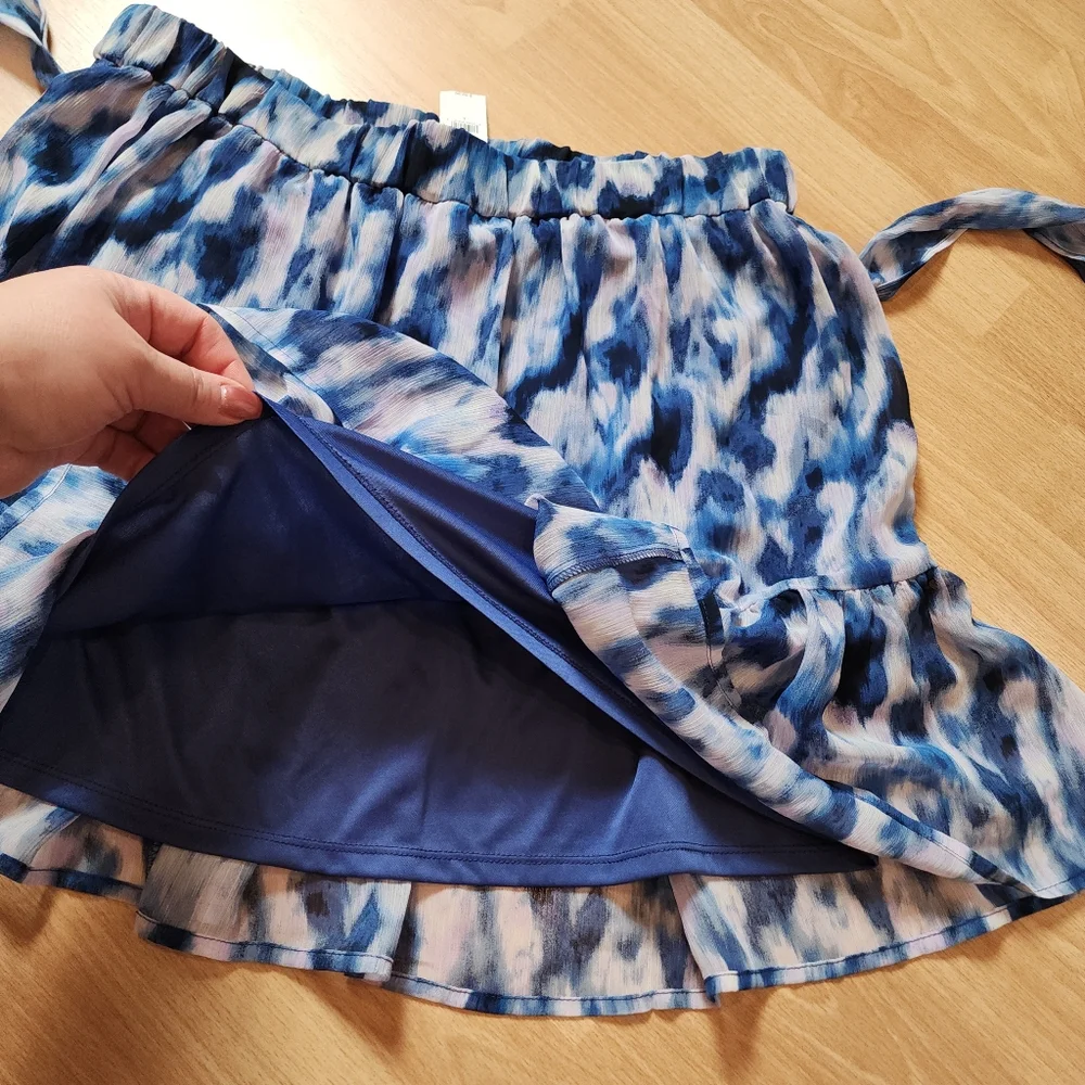 NWT Banana Republic Pull On Chiffon Tiered Blue Purple Tie Waist Mini Skirt Sz L